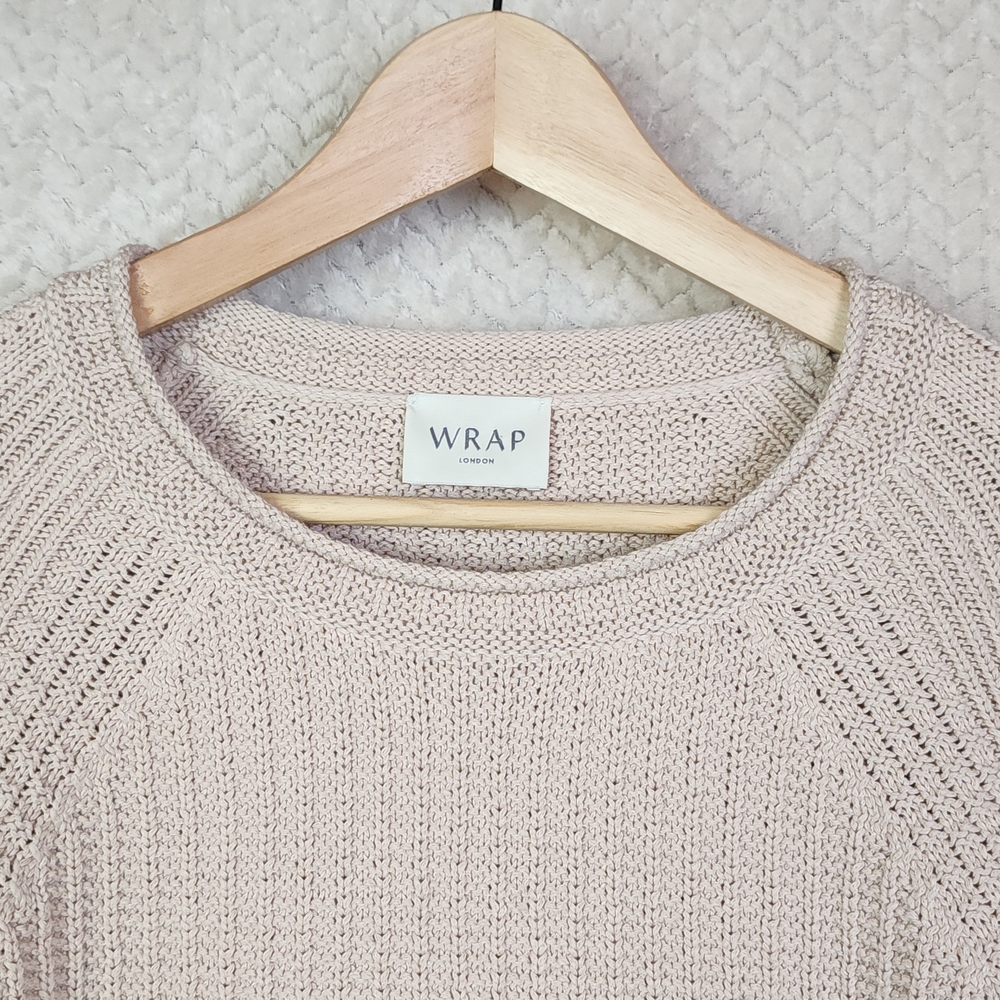 Wrap London Beige Cable Knit 100% Cotton Bell Sleeve Sweater Women's Us 14